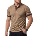 thumbnail image 1 of MLQIDK Men's Casual Fashion Color Block Plaid Polo Shirt Short Sleeve Slim Fit Stand Up Collar Mens Summer Breathable Casual时尚拼色格子POLO衫 Khaki L, 1 of 6