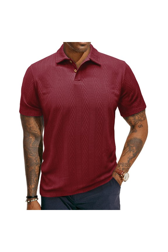 Men's Casual Solid Color Woven Texture Polo Shirt Short Sleeve Ribbed Collar Breathable Summer Men Polo Tops for Everyday Wear Wine M