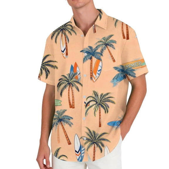 MLQIDK Men's Hawaiian Print Short Sleeve Casual Pocket Shirt Lightweight Breathable Summer Vacation Tropical Resort Beach Shirt for Men Ginger 3XL