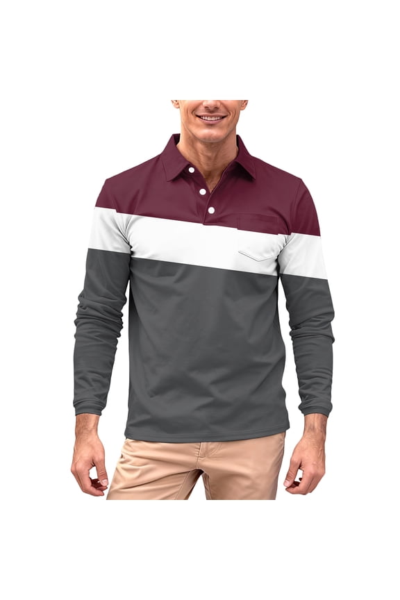 Men's Long Sleeve Polo Shirt Collared Casual Button Down Ribbed Knit Texture Striped Plaid Print Pattern Comfort Fit Shirt Gray 2XL