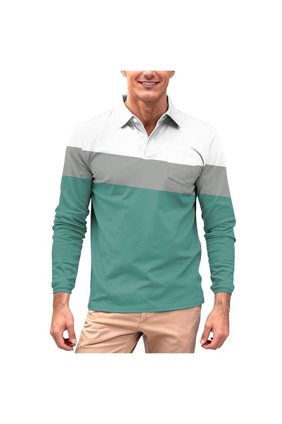 Men's Long Sleeve Polo Shirt Collared Casual Button Down Ribbed Knit Texture Striped Plaid Print Pattern Comfort Fit Shirt Mint Green 3XL