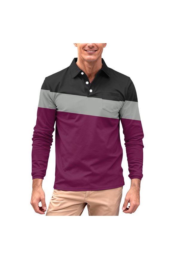 Men's Long Sleeve Polo Shirt Collared Casual Button Down Ribbed Knit Texture Striped Plaid Print Pattern Comfort Fit Shirt Wine M