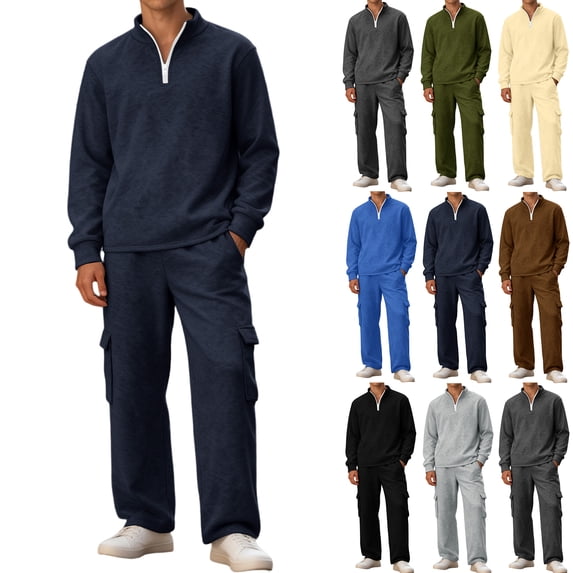 MLQIDK Men's Track Suits Big and Tall Workout Gym Sport Fleece Zip up Hoodie and Cargo Sweatpants Jogging Sweat Suits Tracksuits Athletic Lounge Outfit 2 Piece Set Winter Suit Sets Navy L