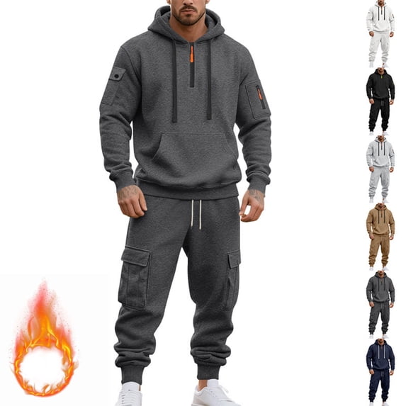 MLQIDK Mens Big and Tall 2 Piece Set Workout Gym Fleece Zip up Hoodie and Sweatpants Athletic Track Suits Winter Casual Sweatsuits Jogging Sweat Suits Lounge Outfit Beige XL