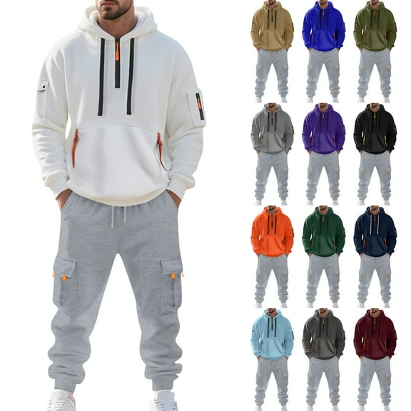 MLQIDK Mens Big and Tall Sweatsuits Workout Gym Casual Fleece Hoodie and Cargo Sweatpants Jogging Sweat Suits Sweatsuits Athletic Lounge Outfit 2 Piece Set Winter Suit Sets Light Gray M