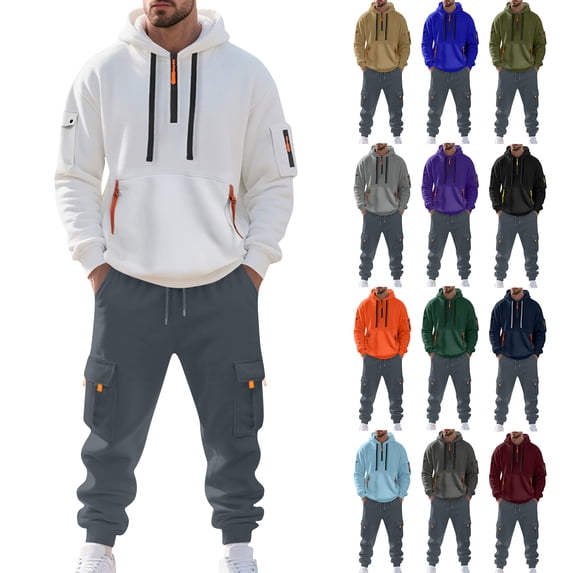 MLQIDK Mens Big and Tall Track Suits 2 Piece Set Athletic Workout Gym Casual Fleece Hoodie and Cargo Sweatpants Sweatsuits Winter Jogging Sweat Suits Lounge Outfit White S