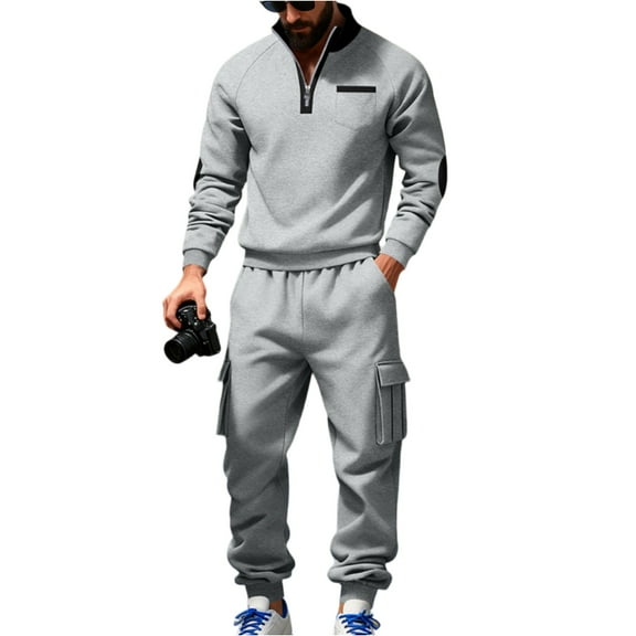 MLQIDK Mens Track Suits 2 Piece Set Athletic Workout Gym Fleece Hoodie and Cargo Sweatpants Big and Tall Winter Casual Sweatsuits Jogging Suit Lounge Outfit Royal Blue 3XL
