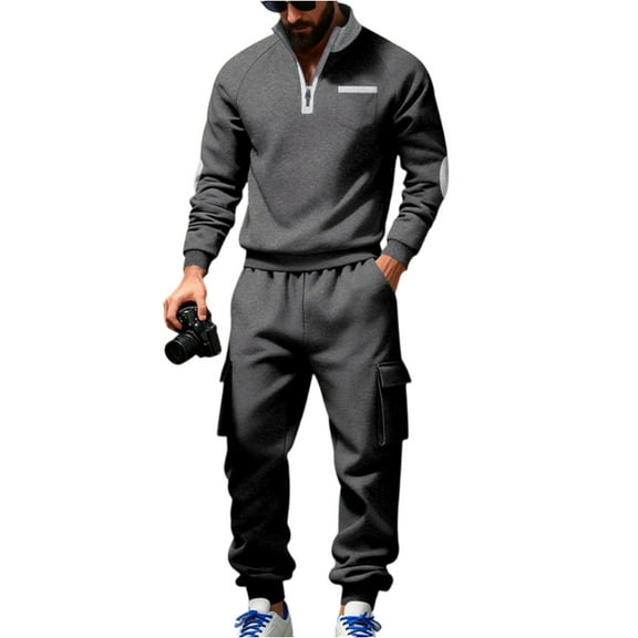 MLQIDK Mens Workout Gym 2 Piece Set Winter Track Suits Fleece Hoodie and Cargo Sweatpants Big and Tall Athletic Casual Sweatsuits Jogging Suit Lounge Outfit Navy 2XL