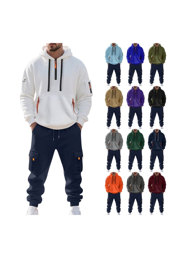 Mens Workout Gym 2 Piece Set Winter Track Suits Fleece Hoodie and Cargo Sweatpants Big and Tall Athletic Casual Sweatsuits Jogging Sweat Suits Lounge Outfit Navy 3XL