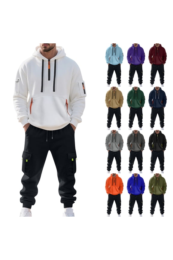 Mens Workout Gym Big and Tall Jogging Suit Sweatsuits Casual Fleece Hoodie and Cargo Sweatpants Athletic Jogging Sweat Suits Lounge Outfit 2 Piece Set Winter Suit Sets Dark Gray 2XL