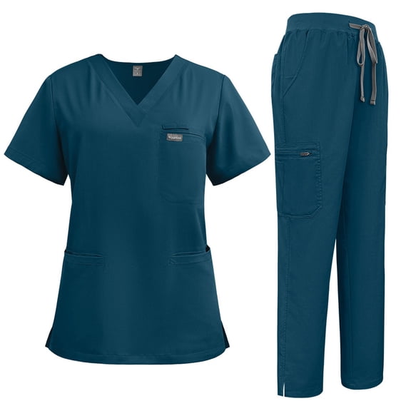 MLQIDK Navy Scrubs Sets for Women Plus Size Nurse Uniforms Petite V Neck Scrub Pants and Tops Medical Uniforms Scrub Sets Tall Scrubs Navy S