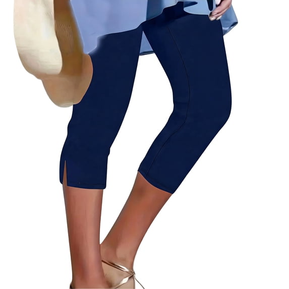 MLQIDK Navy Yoga Capri Pants for Women Yoga Capri Pants Knee Length High Waisted Ladies Leggings Dressy Casual Pedal Pushers with Pockets Navy M