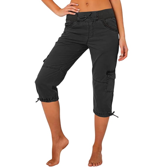 MLQIDK Pedal Pushers for Women Drawstring Lounge Pants Trendy Summer Elastic Waist Knee Length Lightweight Capris Dressy Casual Cargo Capris with Pockets Black M