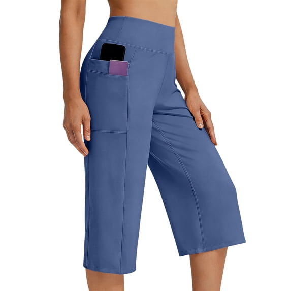 MLQIDK Pedal Pushers for Women Yoga Capri Pants Trendy Summer Elastic Waist Knee Length Leggings Dressy Casual Yoga Capris with Pockets Dark Blue L