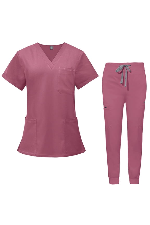 Pink Scrubs Sets for Women Plus Size Jogger Scrubs Stretchy V-Neck Scrub Pants and Tops Medical Scrub Sets Nurse Uniforms with Pockets Pink XXL