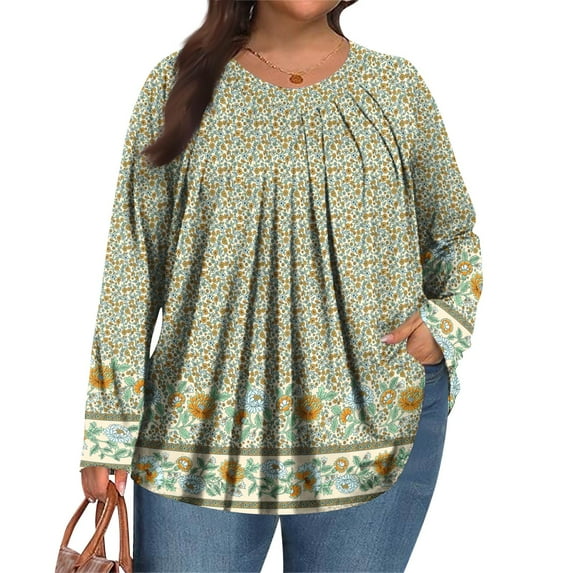 TQWQT Plus Size Blouses for Women 4x-5x Trendy Long Sleeve Shirts Boho Tops Floral Print T-Shirt V Neck Tunic Shirts Large Casual Womens Clothing Mint Green 5XL