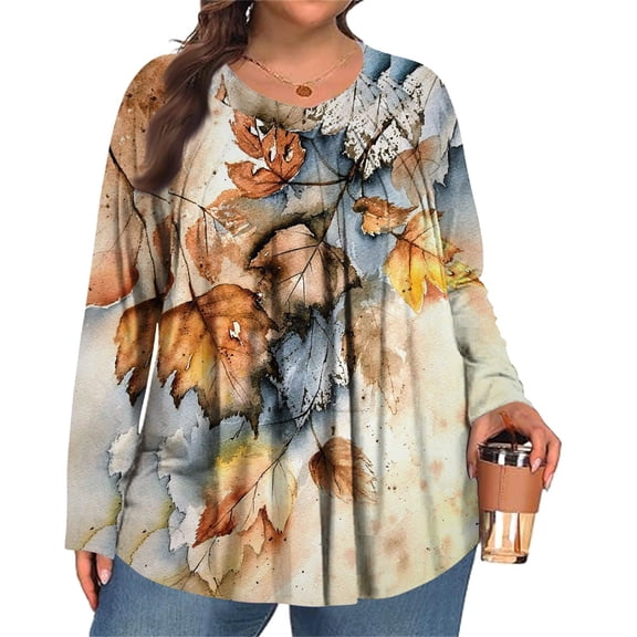 MLQIDK Plus Size Blouses for Women Dressy Fall V Neck T Shirts Ethnic Floral Graphic Tees Long Sleeve Shirts Boho Tops Loose Fit Casual Blouses Orange 5XL