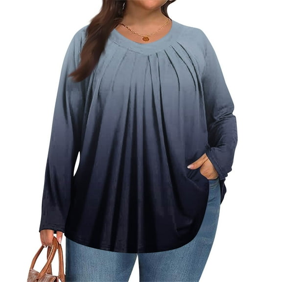 MLQIDK Plus Size Blouses for Women 4x-5x Fall V Neck Tunic Shirts Gradient Graphic Tees Long Sleeve Tunics Shirts Large Casual Blouses Navy 5XL