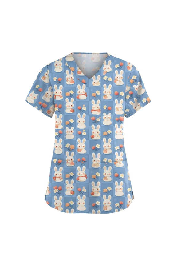 Plus Size Easter Medical Scrubs for Women Soft Stretch Bunny & Colorful Eggs Print V Neck Short Sleeve Nurse Workwear Blue XL