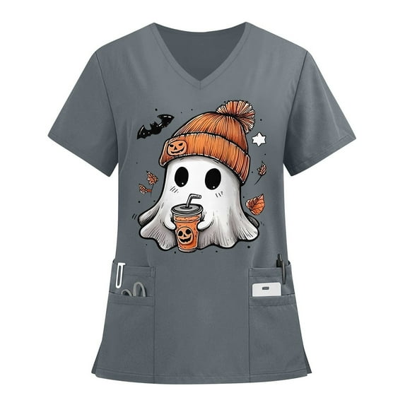 MLQIDK Plus Size Scrubs for Women Stretch Funny Nurse Uniform Shirts V-Neck Short Sleeve Scrub Shirts Fun Pumpkin Ghost Bat Printed Nurse Uniforms Gray M