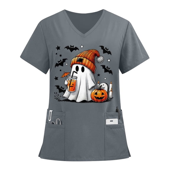 MLQIDK Plus Size Scrubs for Women Stretch Funny Nurse Uniform Shirts V-Neck Short Sleeve Scrub Shirts Fun Pumpkin Ghost Bat Printed Nurse Uniforms Gray S
