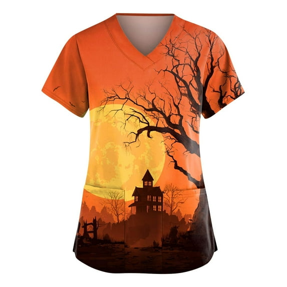 MLQIDK Plus Size Scrubs for Women Stretch V Neck Short Sleeve Scrub Shirts Funny Spooky Season Graphic Nurse Uniforms Halloween Fun Workwear Multicolor 2XL