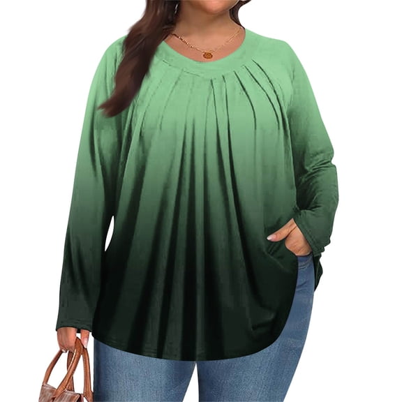 MLQIDK Plus Size Shirts for Women Dressy Casual Pleated Tunic Long Sleeve V Neck Gradient Blouses Fall Casual Tunics Blouses Green 2XL