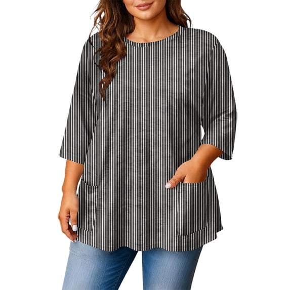 MLQIDK Plus Size Tops for Women 4x-5x Womens Tops 4x Plus Size V Neck Plus Size Top 2x 3/4 Sleeves Plaid Print Dressy Casual Tee Shirts Women Loose Fit Clothes Gray 4XL