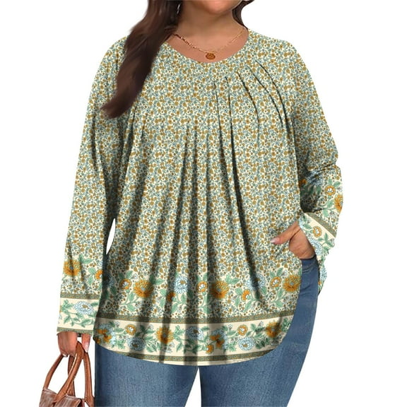 TQWQT Plus Size Tops for Women Dressy Cute Plus Size Womens Boho Tops V Neck Plus Size Tunic Tops Long Sleeves Floral Print Casual Tee Shirts Plus Size Womens Clothes Mint Green XL