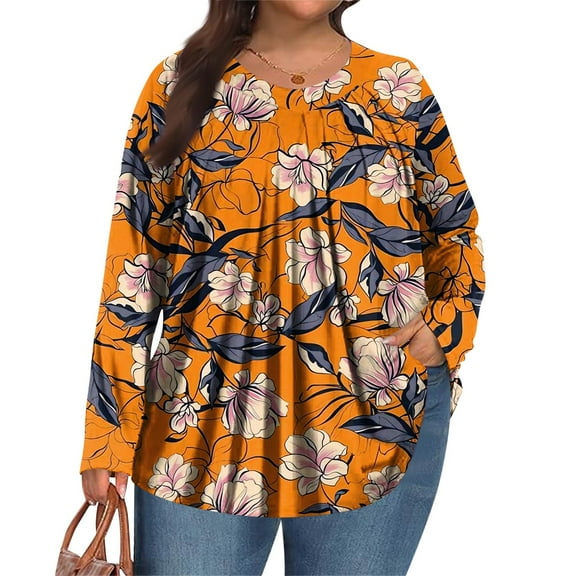 MLQIDK Plus Size Tops for Women Pleated Fall Long Sleeve Shirts Boho Tops Floral Print T-Shirt V Neck Tunic Shirts Loose Fit Casual Tunics Blouses Orange XL