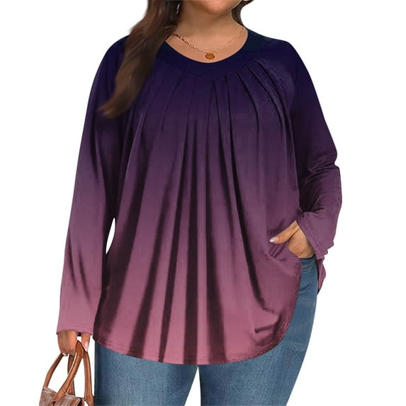 MLQIDK Plus Size Tops for Women Pleated Fall V Neck Shirts Gradient Graphic Tees Long Sleeve Shirts Boho Tops Large Casual Womens Clothing Dark Purple 4XL