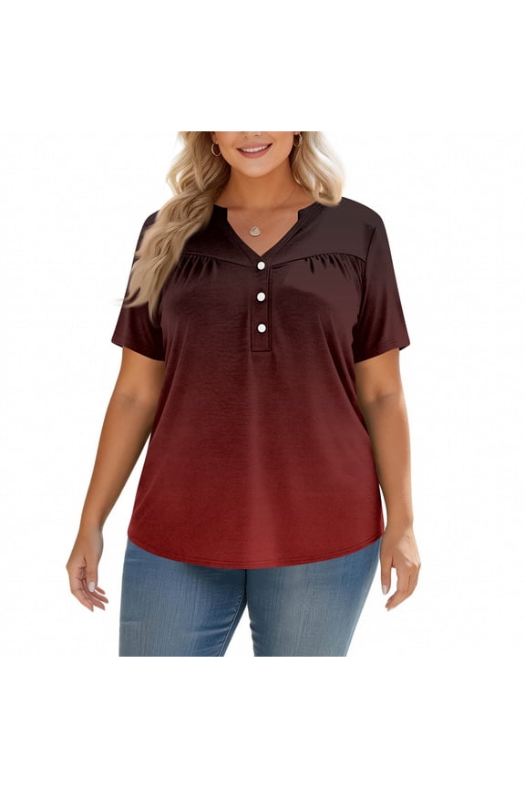 Plus Size Tops for Women Summer Casual Cute Tees Shirt V Neck Long Sleeve Gradient Print Blouses 4x-5x Tunics Blouses Wine L