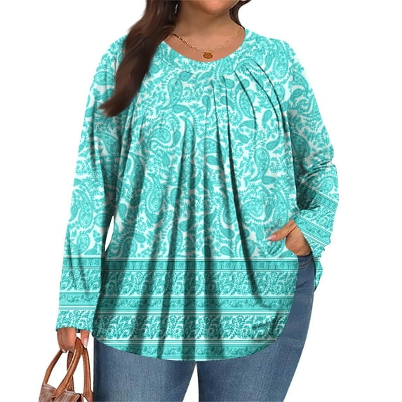 TQWQT Plus Size Tshirts for Women Boho Womens Size 4x Tops V Neck Long Sleeve Tunic Womens Tops Plus Size Dressy Casual Floral Graphic Tees 4x Womens Plus Size Clothes Cyan 2XL