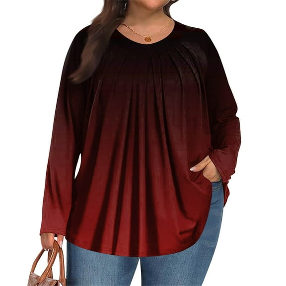 MLQIDK Plus Size Womens Tops 4x-5x Pleated V Neck T Shirts Gradient Graphic T-Shirt Long Sleeve Shirts Large Casual Tunics Blouses Wine 5XL