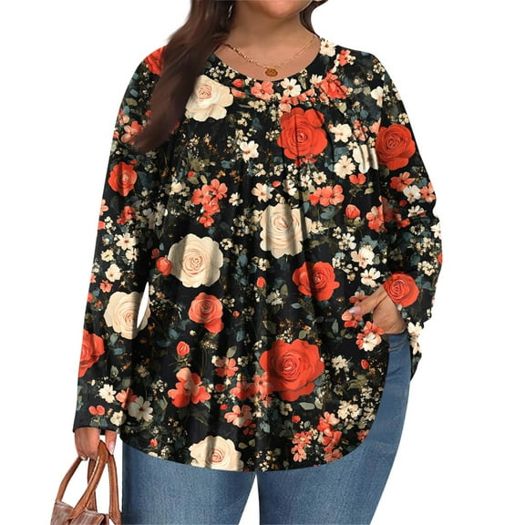 MLQIDK Plus Size Womens Tops Dressy Fall Long Sleeve Shirts Boho Tops Floral Graphic T-Shirt V Neck Tshirts Dressy Casual Blouses Vermilion 2XL