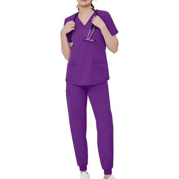 MLQIDK Scrub Sets for Woman Plus Size Jogger Scrubs Stretchy V-Neck Scrub Pants and Tops Nursing Top Medical Scrubs Clothing Set for Women Dark Purple S