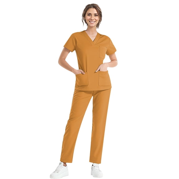 MLQIDK Scrub Sets for Woman Plus Size Jogger Scrubs Stretchy V-Neck Yoga Scrub Pants and Tops Nurse Uniforms Medical Scrub Sets Jogger Scrubs Orange L