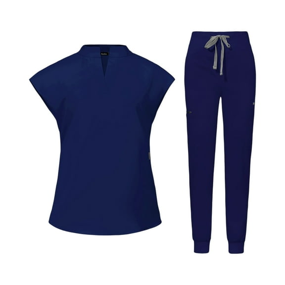 MLQIDK Scrub Sets for Woman Plus Size Scrub Sets Stretchy V Neck Scrub Pants and Tops Nursing Uniforms Medical Uniforms Clothing Set for Women Navy XS