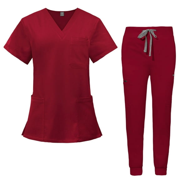 MLQIDK Scrub Sets for Woman Plus Size Nursing Top Petite V-Neck Yoga Scrub Pants and Tops Scrub Set Medical Uniforms Clothing Set for Women Red XL