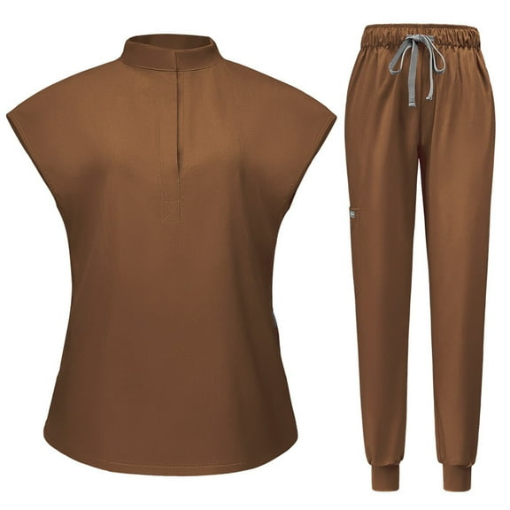 MLQIDK Scrub Sets for Woman Plus Size Scrub Joggers Stretchy V-Neck Scrub Tops and Pants Nursing Top Medical Scrub Sets with Pockets Brown XXL