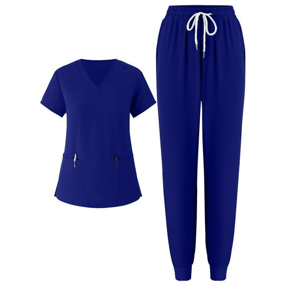 MLQIDK Scrub Sets for Woman Plus Size Scrubs Petite V-Neck Scrub Pants and Tops Nursing Scrubs Medical Scrubs with Pockets Royal Blue L