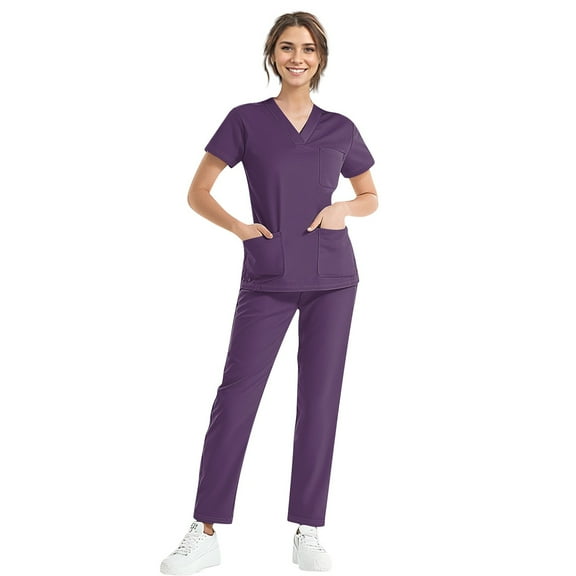 MLQIDK Scrub Sets for Woman Plus Size Scrubs Stretchy V Neck Scrub Tops and Pants Medical Uniforms Nurse Uniforms Tall Scrubs Dark Purple XXXL