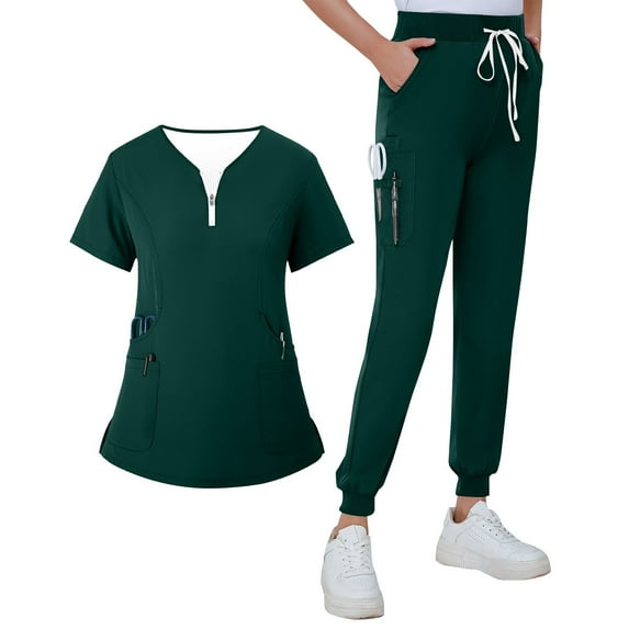 MLQIDK Scrubs for Women Plus Size Medical Scrub Sets Stretchy V-Neck Yoga Scrub Pants and Tops Scrub Sets Nursing Uniforms Tall Scrubs Sets Army Green L