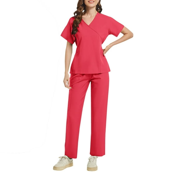 MLQIDK Scrubs for Women Plus Size Scrub Joggers Petite V-Neck Yoga Scrub Pants and Tops Nursing Top Medical Scrub Sets with Pockets Watermelon Red XXL
