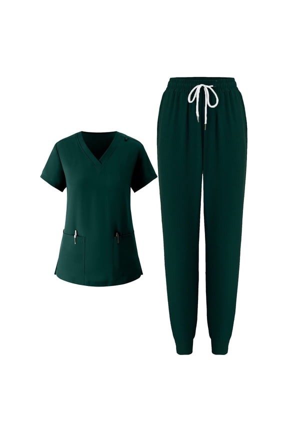 Scrubs for Women Set Clearance Plus Size Scrubs Petite V Neck Scrub Tops and Pants Nurse Uniforms Medical Scrub Sets Clothing Set for Women Dark Green L