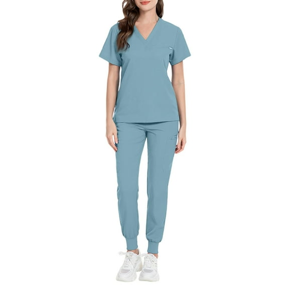 MLQIDK Scrubs for Women Set Plus Size Scrub Set Petite V-Neck Scrub Tops and Pants Nursing Uniforms Medical Uniforms Uniformes De Enfermeras De Mujer Light Blue S