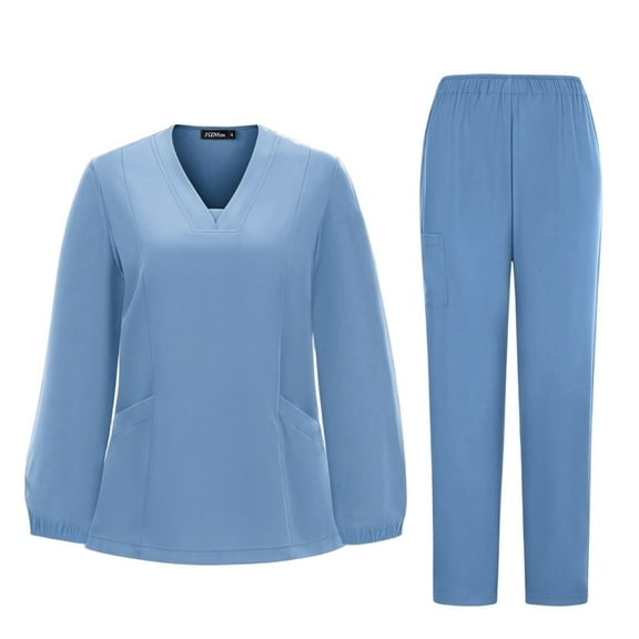 MLQIDK Scrubs for Women Set Plus Size Scrub Sets Stretchy V Neck Yoga Scrub Pants and Tops Nursing Top Medical Scrub Sets Tall Scrubs Sets Light Blue XXL