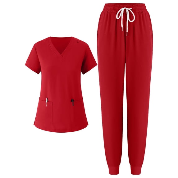 MLQIDK Scrubs for Women Plus Size Medical Scrubs Petite V Neck Scrub Pants and Tops Nursing Uniforms Scrub Sets with Pockets Red XL