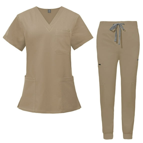 MLQIDK Scrubs for Women Plus Size Medical Scrubs Stretchy V-Neck Scrub Pants and Tops Scrub Joggers Nursing Scrubs with Pockets Khaki XS