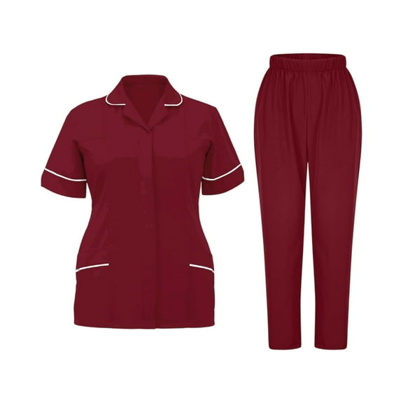 MLQIDK Scrubs for Women Plus Size Medical Uniforms Petite V-Neck Scrub Pants and Tops Scrubs Nursing Uniforms Tall Scrubs Wine XXXL